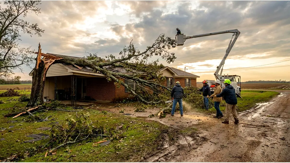 Storm damage emergency tree removal in Greenville Mississippi Washington County Delta severe weather water oak on residential roof Darnell