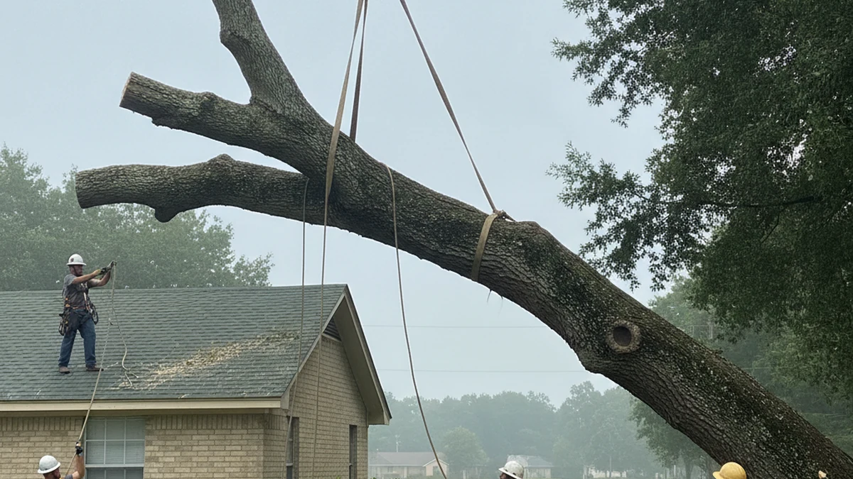 Tree removal rigging technique Greenville Mississippi water oak near structure Washington County