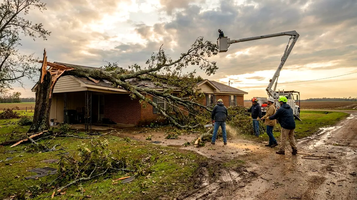 Professional tree service crew removing storm-damaged water oak limb near residential home in Greenville Mississippi Delta Washington County Darnell