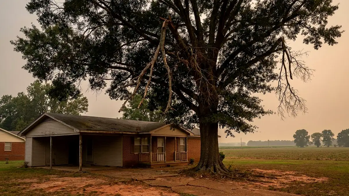 Hazardous water oak tree near residential home in Greenville Mississippi Washington County Delta clay soil storm damage risk Darnell